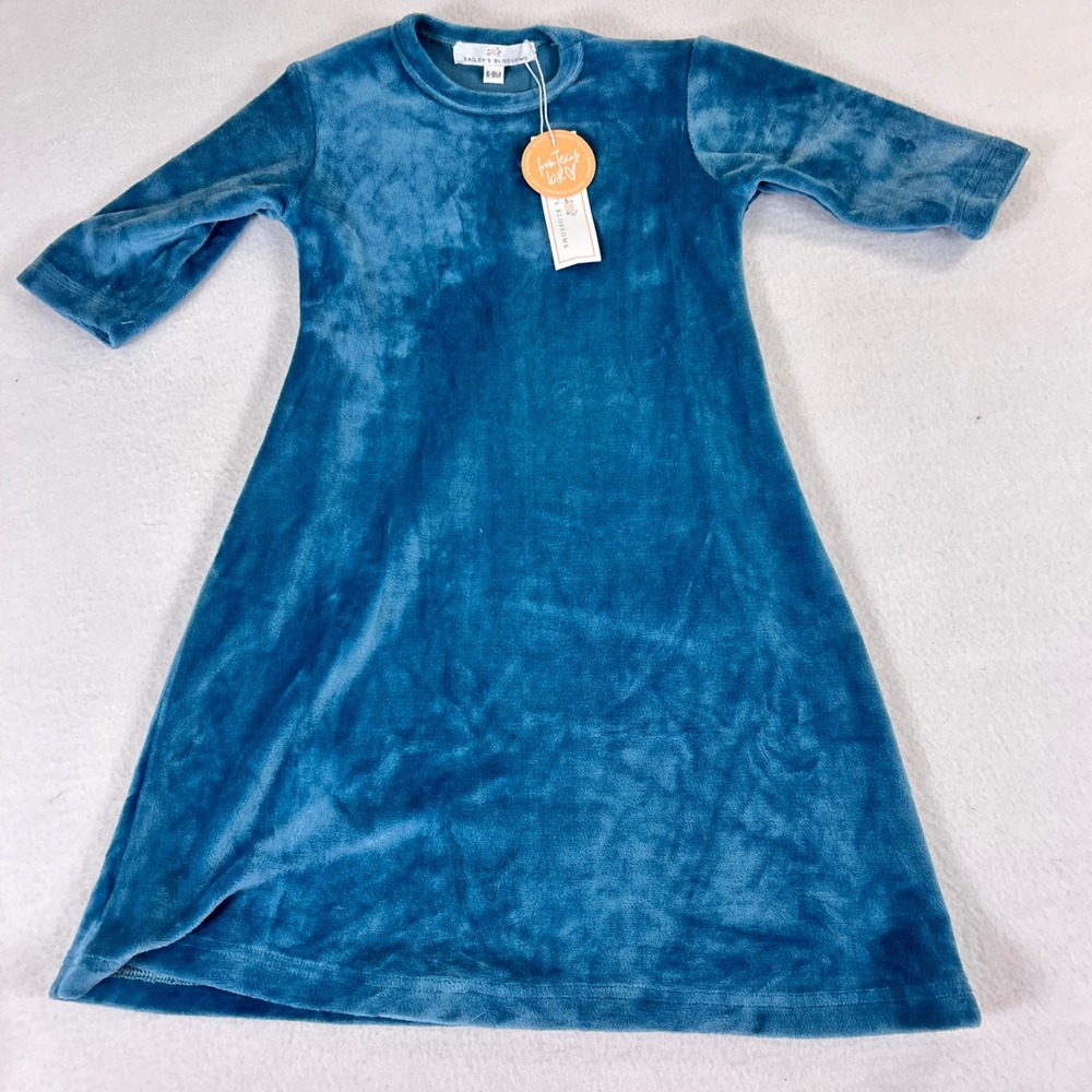Baileys Blossoms Girls Teal Blue Velvet Long Sleeve A-Line Dress 6-9M NWT